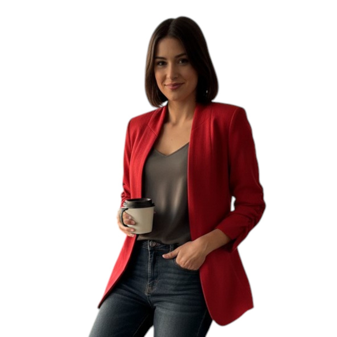 H&M Red Open Front Blazer Jacket Ruched 3/4 Sleeves Work Casual Size 2